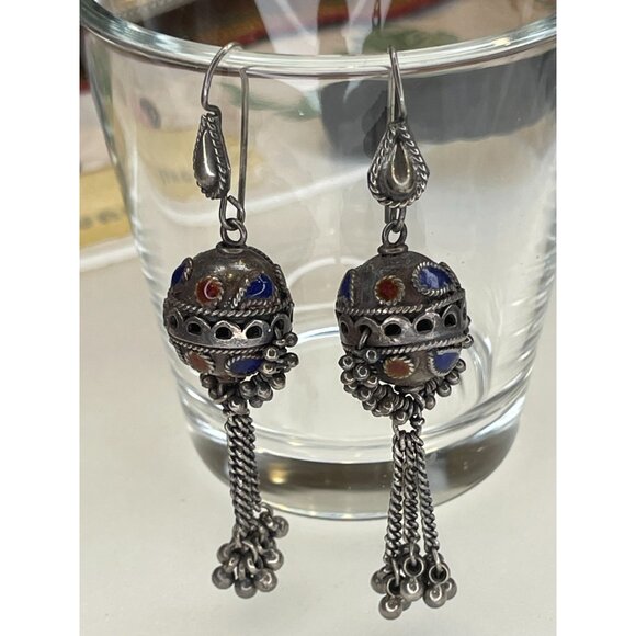 Fabulous Older Vintage Silver & Enamel Morrocan Berber Earrings - Picture 2 of 12